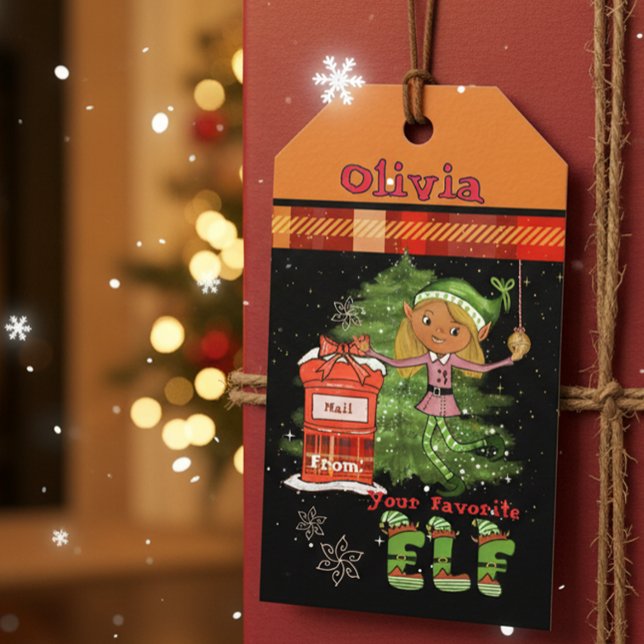 Whimsical Custom Elf Girl Plaid Christmas Gift Tag (Whimsical Custom Elf Girl Plaid Christmas Gift Tag)
