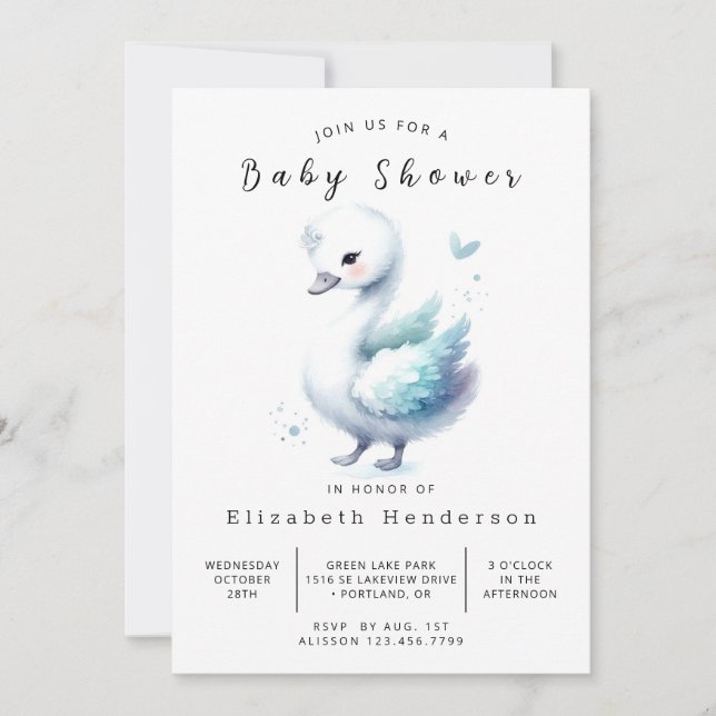Whimsical Custom Swan Baby Shower Invitation (Front)