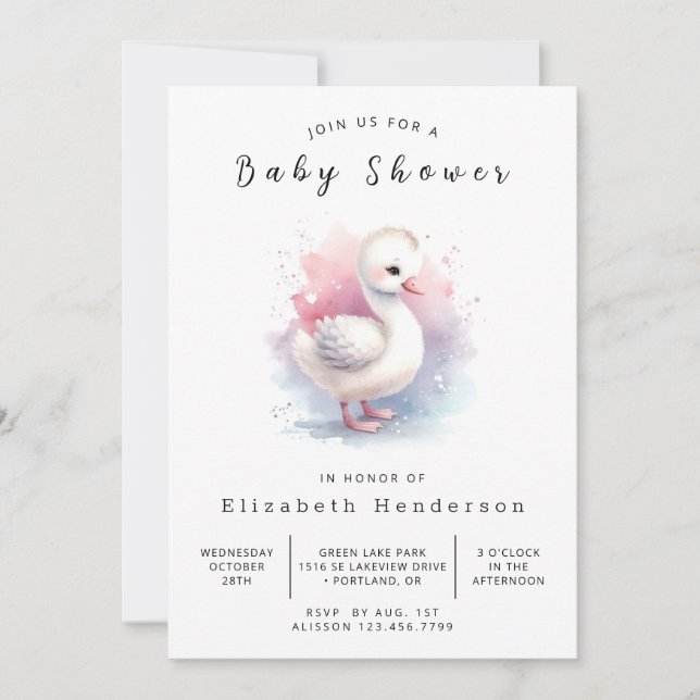 Whimsical Custom Swan Baby Shower Invitation (Front)