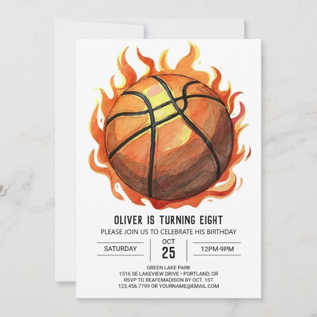 Whimsical Custom Watercolor Basketball Birthday Invitation (Front)