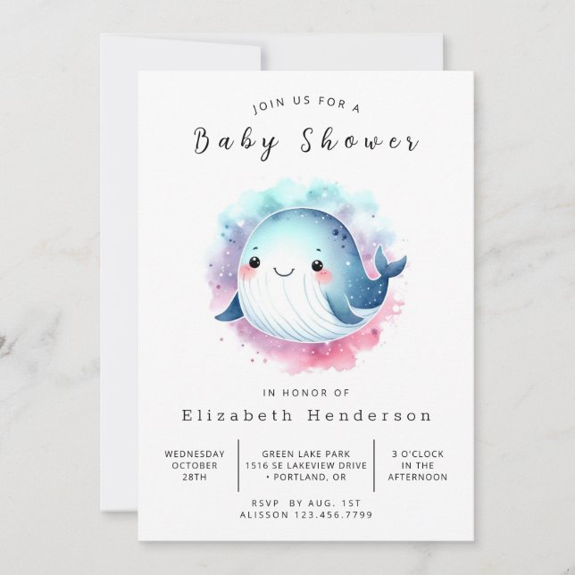 Whimsical Custom Whale Baby Shower Invitation (Front)
