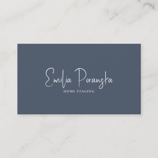 Whimsical custom white typography on blue-grey business card (Front)