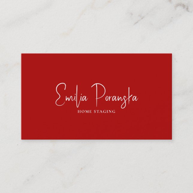 Whimsical custom white typography on red and white business card (Front)