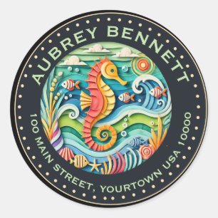 Whimsical Cut Paper Art Seahorse Name & Address Classic Round Sticker