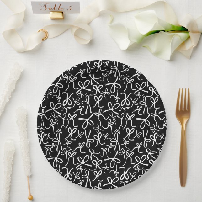 Whimsical Cute B&W Bows Pattern Bridal Shower Paper Plate (Wedding)