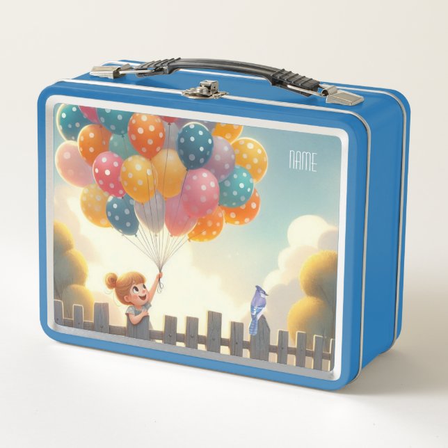 Whimsical/cute balloon girl art metal lunch box (Front)