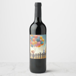Whimsical/cute balloon girl art wine label