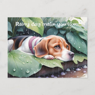 Whimsical Cute Beagle Rainy Day Green Botanical Postcard
