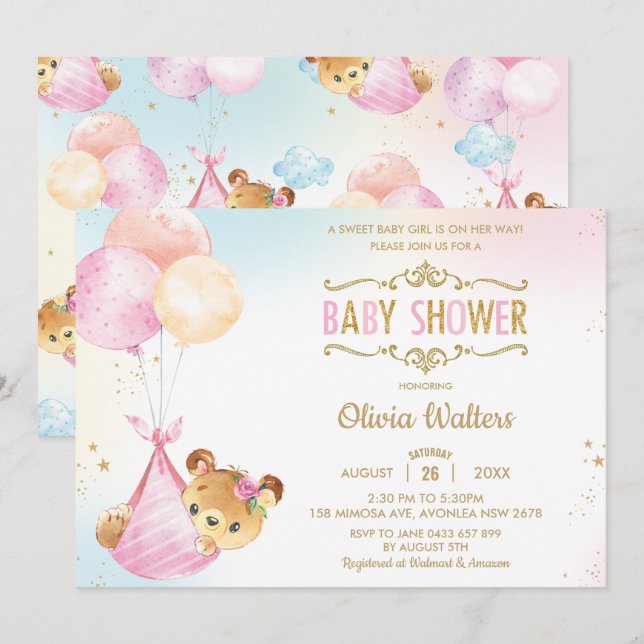 Whimsical Cute Bear Balloons Baby Shower Girl Invitation (Front/Back)