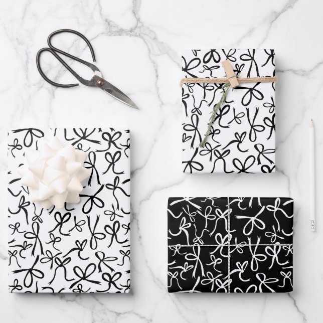 Whimsical Cute Black White Bows Pattern Girly Gift Wrapping Paper Sheet (Front)