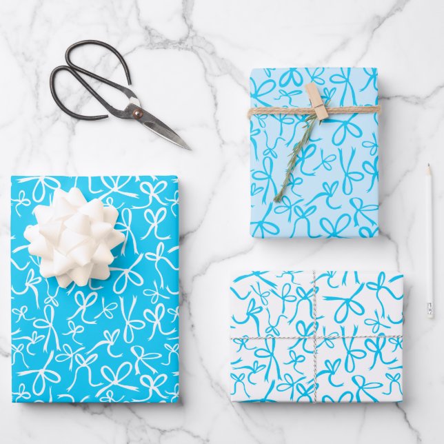 Whimsical Cute Blue White Bows Pattern Girly Gift Wrapping Paper Sheet (Front)