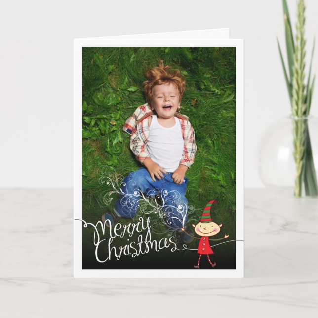 Whimsical Cute Cartoon Elf Merry Christmas Photo Holiday Card (Front)