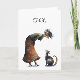 Whimsical Cute Cat and Lady Hello Greeting Card