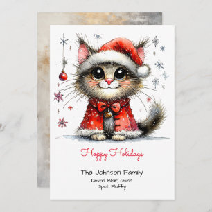 Whimsical Cute Cat in a Santa Hat Happy  Holiday Card