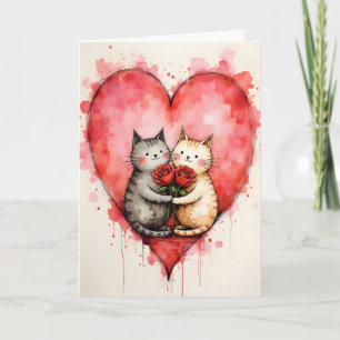 Whimsical Cute Cats Valentine Hearts and Red Roses Card