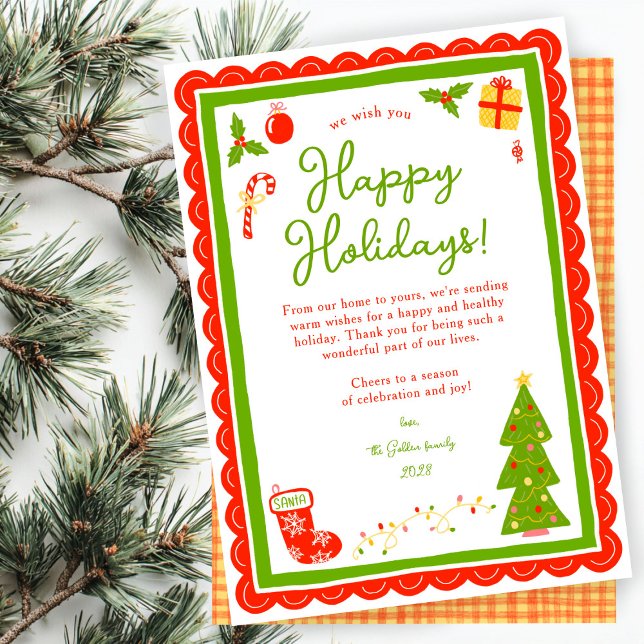 Whimsical Cute Christmas CUSTOM Scalloped  Holiday Card (Whimsical Cute Christmas CUSTOM Scalloped Hand-drawn Gingham Non-Photo Holiday Card
)