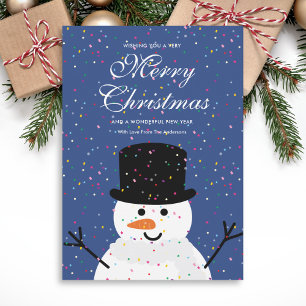 Whimsical Cute Christmas Snowman & Snowy Confetti Holiday Card