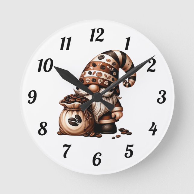 Whimsical Cute Coffee Gnome Brown White Gift Round Clock (Front)