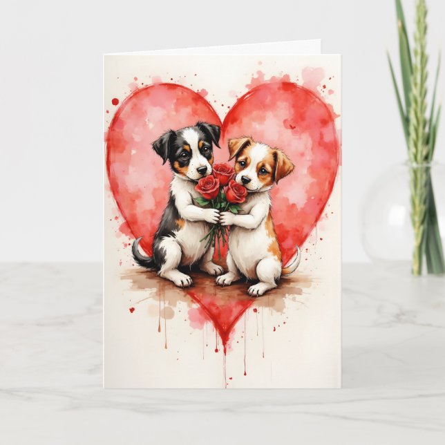 Whimsical Cute Dogs Valentine Hearts and Red Roses Card (Front)