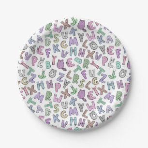 Whimsical cute doodle alphabet letters paper plate