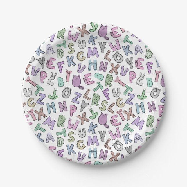 Whimsical cute doodle alphabet letters paper plate (Front)