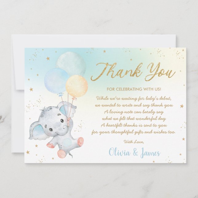 Whimsical Cute Elephant Balloons Baby Shower Boy  Thank You Card (Front)