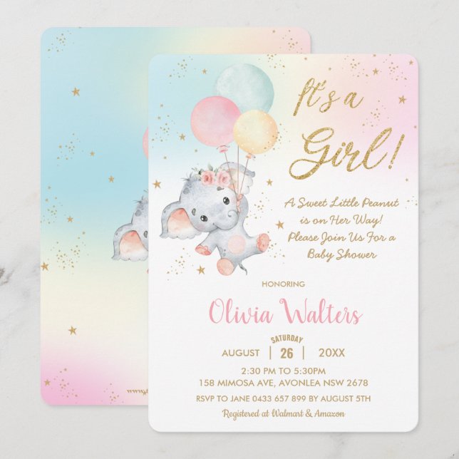 Whimsical Cute Elephant Balloons Baby Shower Girl  Invitation (Front/Back)