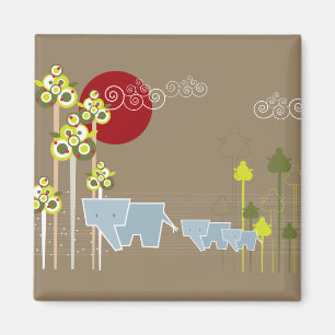 Whimsical Cute Elephant Family In Forest Trees Sun Magnet