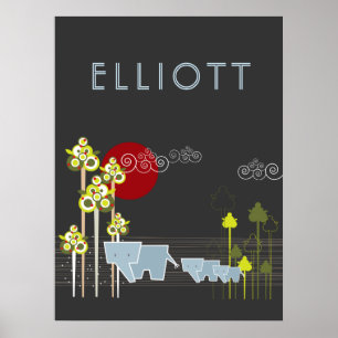Whimsical Cute Elephant Family In Forest Trees Sun Poster