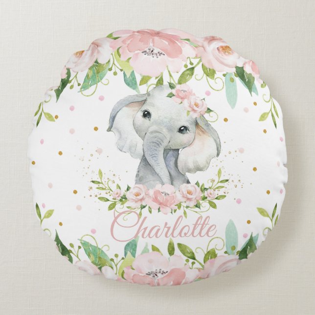 Whimsical Cute Elephant Pink Blush Floral Nursery Round Cushion (Front)