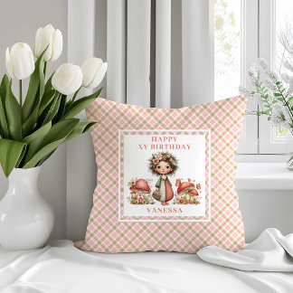 Whimsical Cute Fairy Pink Flowers Birthday Pillow