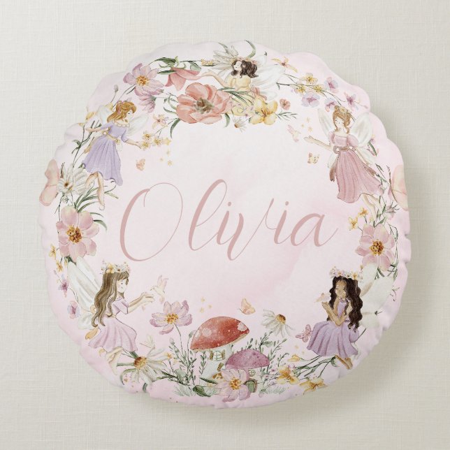 Whimsical Cute Fairy Wildflower Garden Meadow Round Cushion (Front)