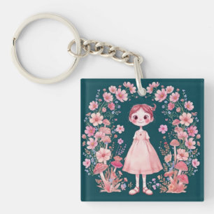 Whimsical Cute Fantasy Floral Girl Art Key Ring