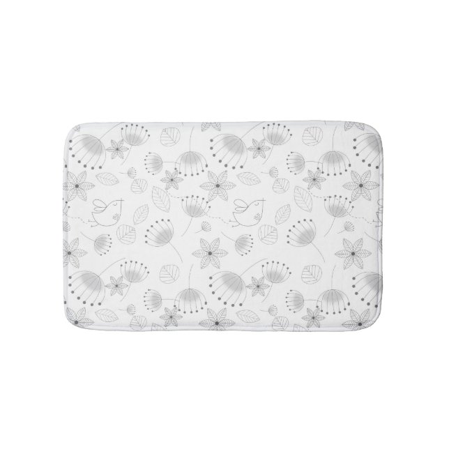 Whimsical Cute Floral and Bird Pattern on White Bath Mat (Front)