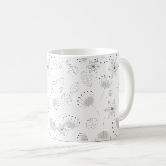 Whimsical Cute Floral and Bird Pattern on White Coffee Mug (Front Right)