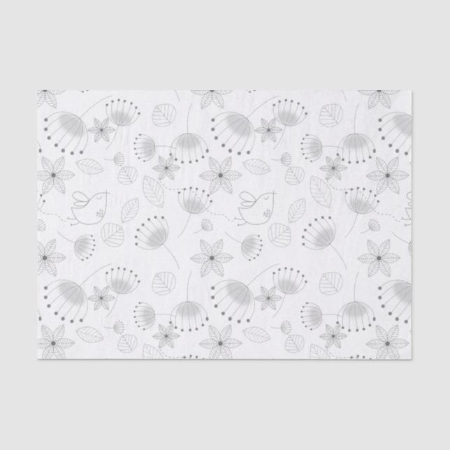Whimsical Cute Floral and Bird Pattern on White Tissue Paper (Front)