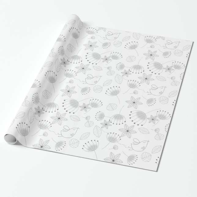 Whimsical Cute Floral and Bird Pattern on White Wrapping Paper (Unrolled)