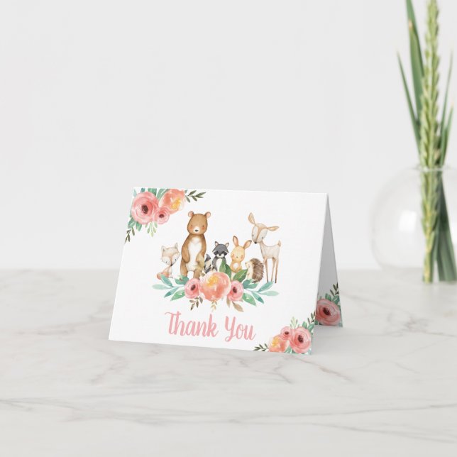 Whimsical Cute Floral Woodland Animals Birthday Thank You Card (Front)