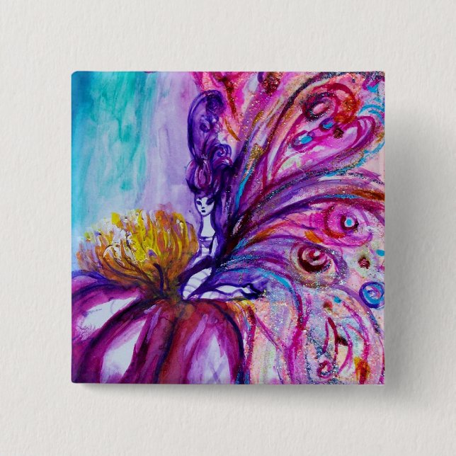 WHIMSICAL CUTE FLOWER FAIRY IN PINK,GOLD SPARKLES 15 CM SQUARE BADGE (Front)