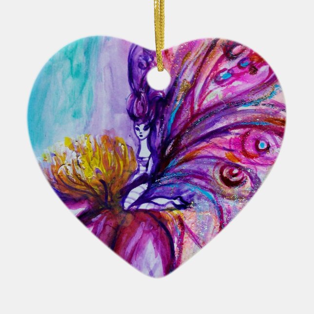 WHIMSICAL CUTE FLOWER FAIRY IN PINK,GOLD SPARKLES CERAMIC TREE DECORATION (Front)