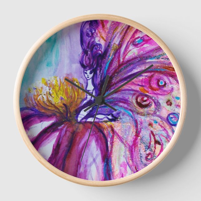 WHIMSICAL CUTE FLOWER FAIRY IN PINK,GOLD SPARKLES CLOCK (Front)