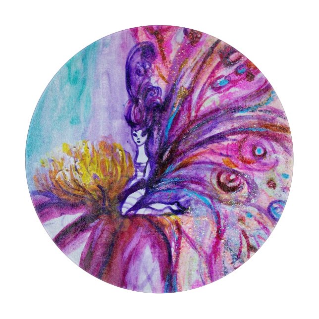 WHIMSICAL CUTE FLOWER FAIRY IN PINK,GOLD SPARKLES CUTTING BOARD (Front)
