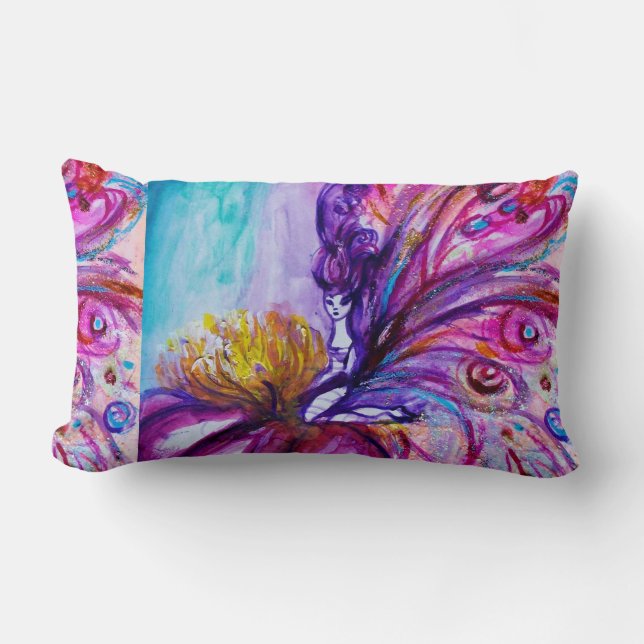 WHIMSICAL CUTE FLOWER FAIRY IN PINK,GOLD SPARKLES LUMBAR CUSHION (Front)