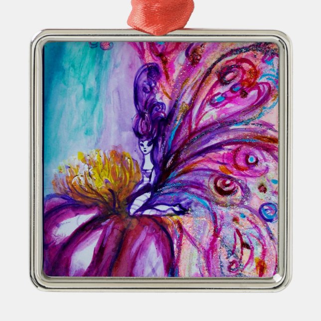 WHIMSICAL CUTE FLOWER FAIRY IN PINK,GOLD SPARKLES METAL TREE DECORATION (Front)