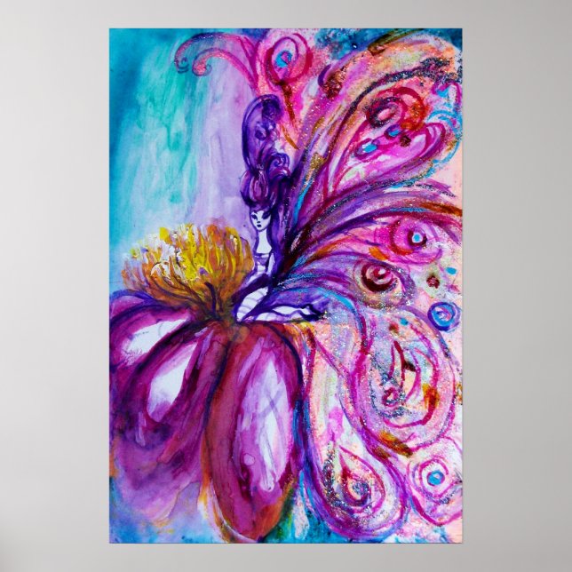 WHIMSICAL CUTE FLOWER FAIRY IN PINK,GOLD SPARKLES POSTER (Front)