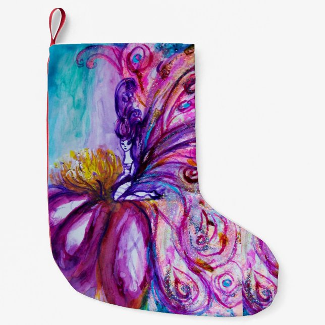 WHIMSICAL CUTE FLOWER FAIRY IN PINK,GOLD SPARKLES SMALL CHRISTMAS STOCKING (Front)