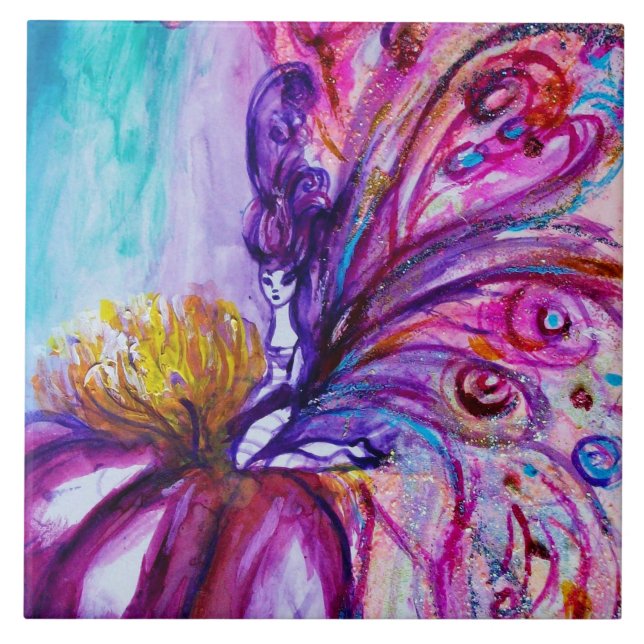 WHIMSICAL CUTE FLOWER FAIRY IN PINK,GOLD SPARKLES TILE (Front)