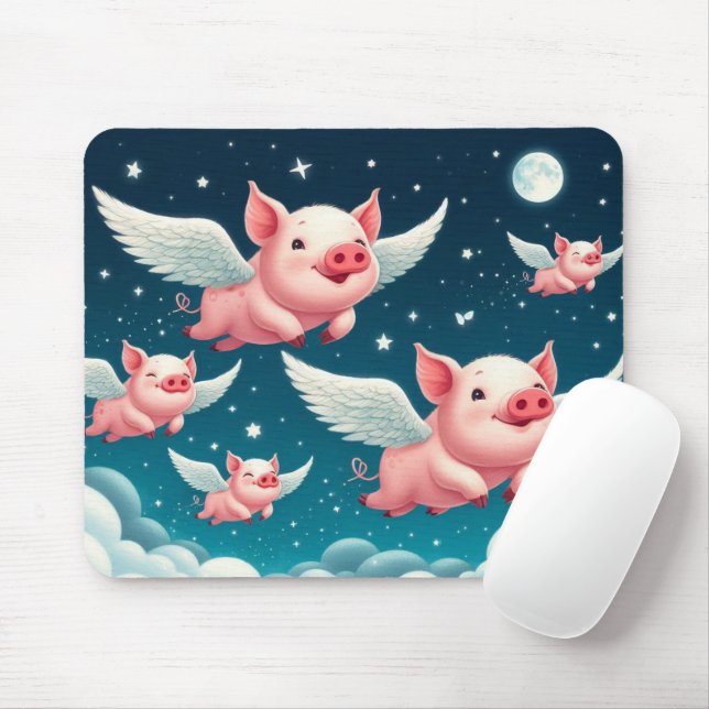 Whimsical Cute Flying Pigs in Starry Night Sky Mouse Mat (With Mouse)