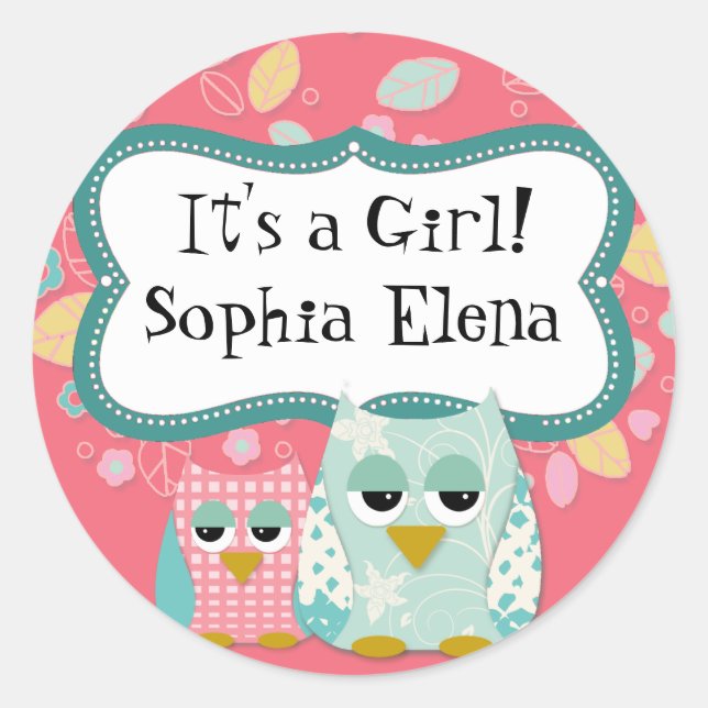 Whimsical Cute Fun Swirl Owl Baby Shower Stickers (Front)