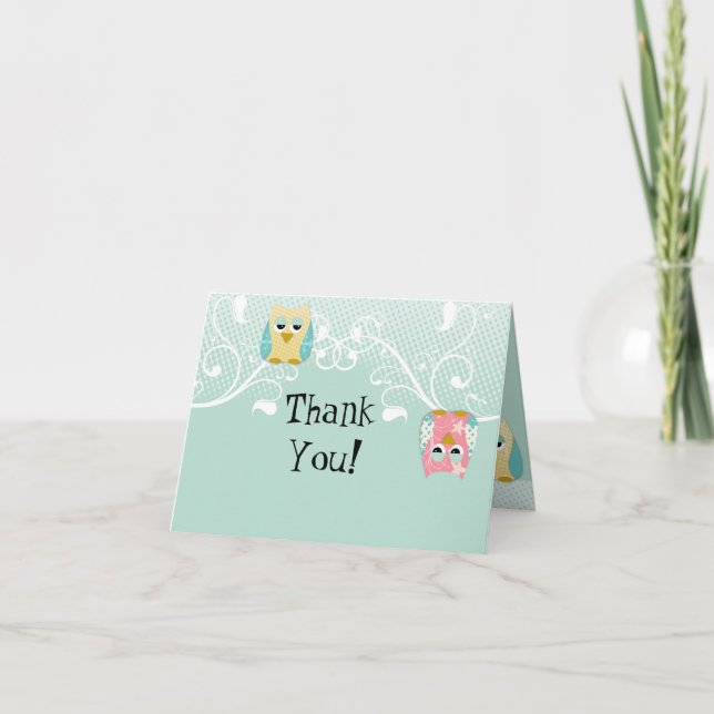 Whimsical Cute Fun Swirl Owl Owls Baby Thank You Card (Front)